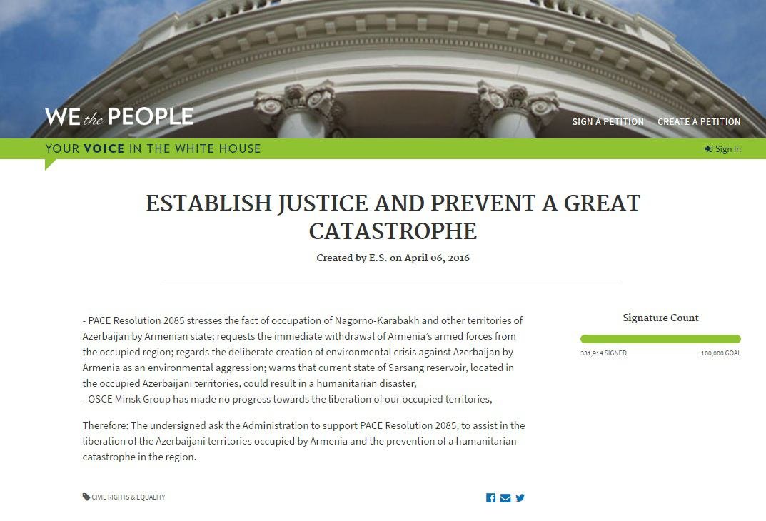 White House administration responded to ACSDA petition: The occupied territories should be returned to the control of Azerbaijan