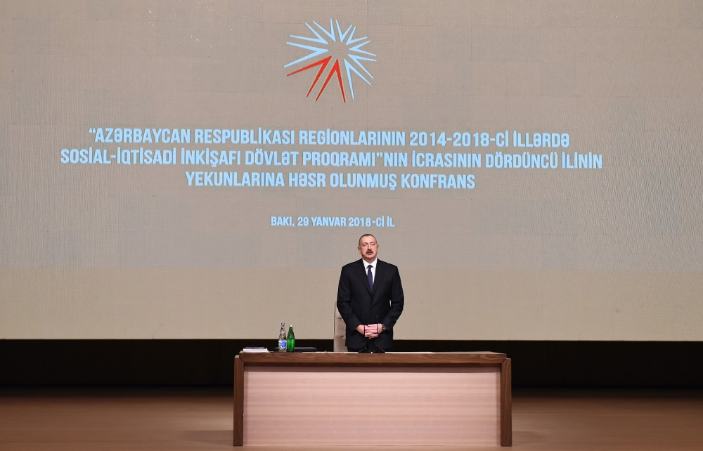 President Ilham Aliyev attends conference dedicated to results of fourth year implementation of the State Program on socio-economic development of regions in 2014-2018