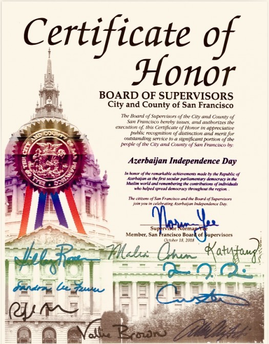 San Francisco issues Certificate of Honor on Azerbaijan’s Independence Day