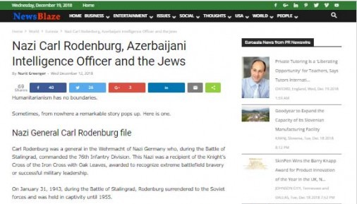 Сайт newsblaze.com : Азербайджанский разведчик, спасший еврейских детей, заслужил почетное звание «Праведника народов мира»