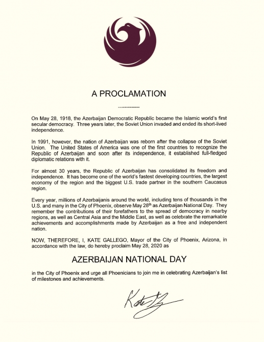 ABŞ-ın Arizona ştatının paytaxtında 28 may Azərbaycan Milli Günü elan edilib